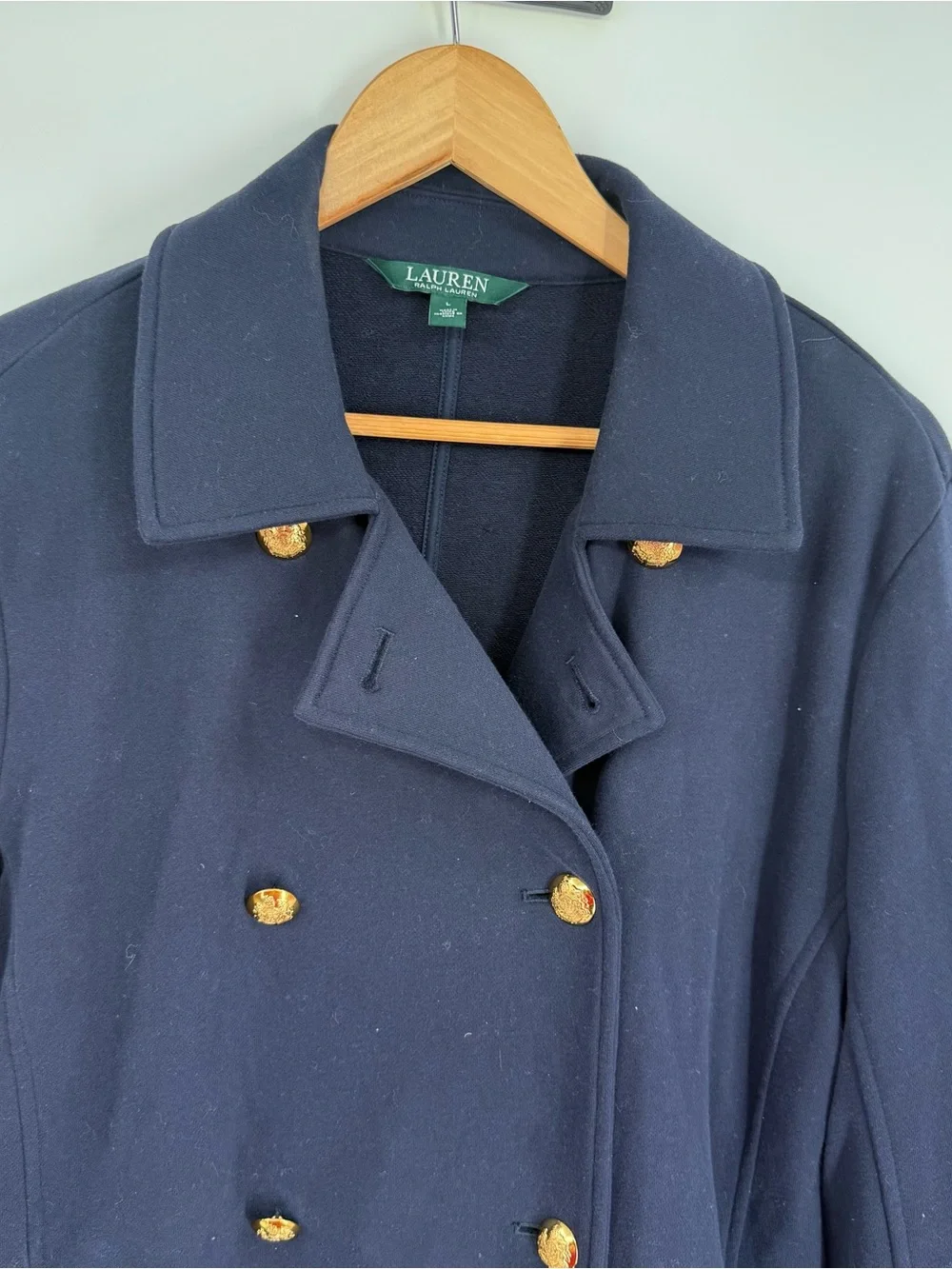 Lauren Ralph Lauren Navy Blue Knit Double Breasted Gold Crest Button Jacket L